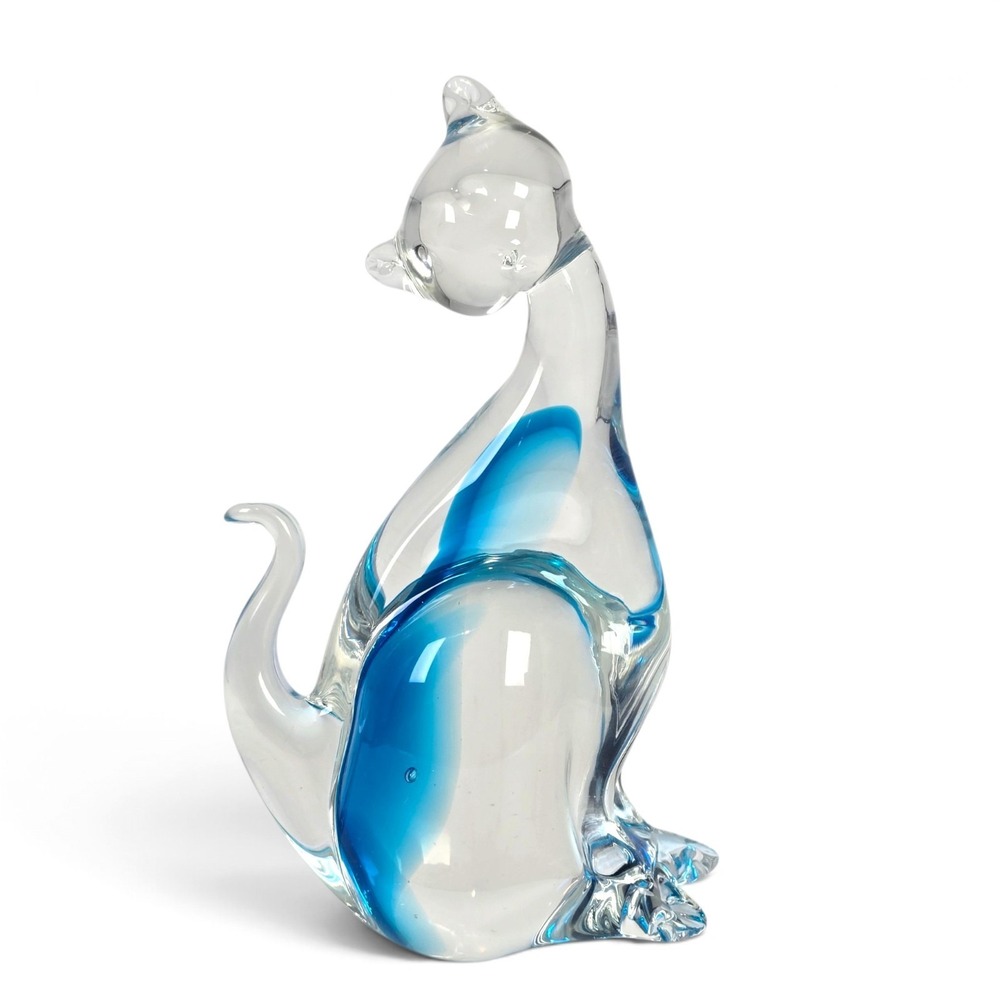 Vintage Vecchia Murano Italy Art Glass Cat Figurine Blue Clear 6.25"